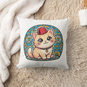 Schattige Kawaii Marokkaanse Kat met Rode Tarboush Kussen