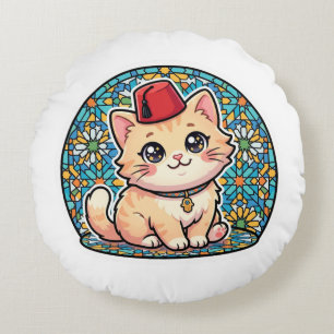 Schattige Kawaii Marokkaanse Kat met Rode Tarboush Rond Kussen