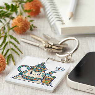 Schattige Kawaii Marokkaanse Munt Theepot en Glas Sleutelhanger