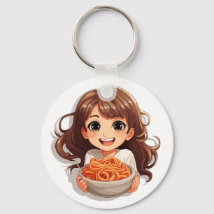 Schattige Kawaii meisje eten spaghetti Sleutelhanger