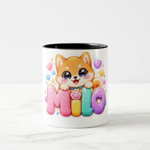 Schattige Kawaii Milo-hondennaam Pastel Roze Glitt Tweekleurige Koffiemok