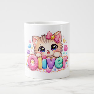 Schattige Kawaii Oliver Kat Naam Pastel Roze Glitt Extra Grote Beker