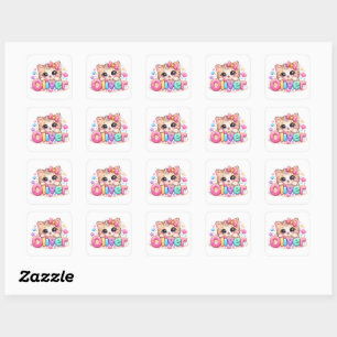 Schattige Kawaii Oliver Kat Naam Pastel Roze Glitt Vierkante Sticker