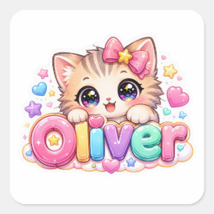 Schattige Kawaii Oliver Kat Naam Pastel Roze Glitt Vierkante Sticker