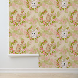 Schattige Kawaii Paashaas en Naadloze Bloemensling Behang