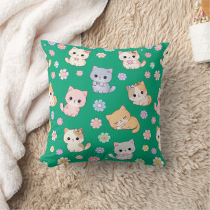 Schattige Kawaii Pastel Kitten en Bloemmotief Kussen