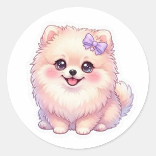 Schattige Kawaii Pomeranian Puppy Hond Paarse Stri Ronde Sticker