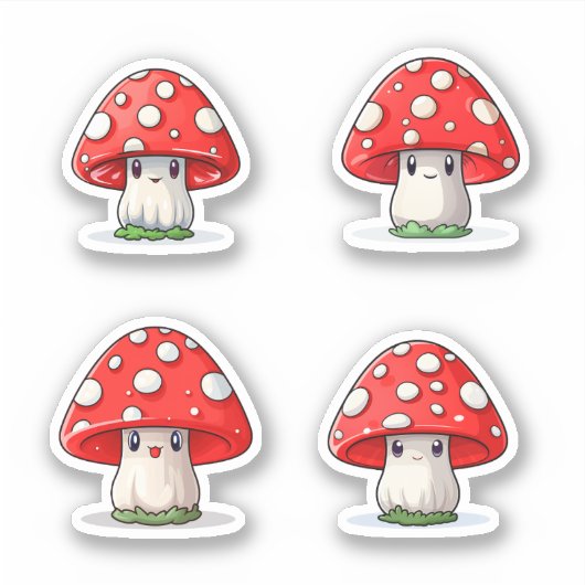 Schattige Kawaii Rood Pet Paddestoel Sticker Pack (Voorkant)