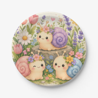 Schattige kawaii slakken met bloemen papieren bordje