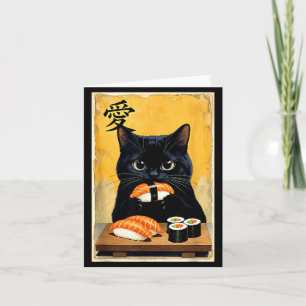 Schattige Kawaii Zwarte Kat Eet Sushi Grappige Jap Kaart