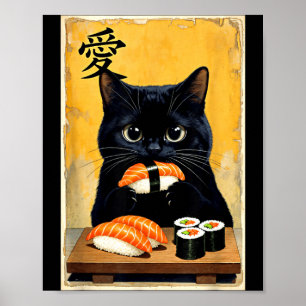 Schattige Kawaii Zwarte Kat Eet Sushi Grappige Jap Poster