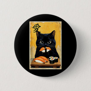 Schattige Kawaii Zwarte Kat Eet Sushi Grappige Jap Ronde Button 5,7 Cm