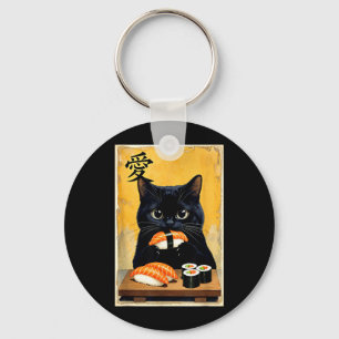 Schattige Kawaii Zwarte Kat Eet Sushi Grappige Jap Sleutelhanger