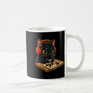 Schattige Kawaii Zwarte Kat Grappige Sushi Retro J Koffiemok