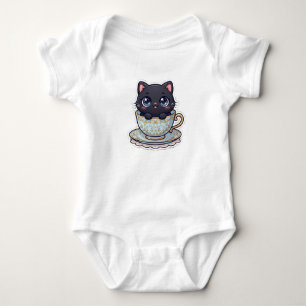 Schattige Kawaii Zwarte Kat in Antieke Theekop Bab Romper