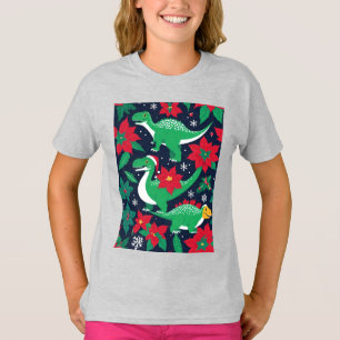 Schattige kerst dinosaurussen met poinsettia's t-shirt