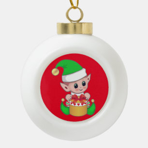 Schattige Kerst elf & cadeau doos op rood Keramische Bal Ornament