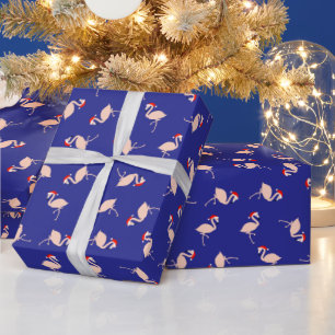 Schattige Kerst Flamingo's Patroon Donkerblauw Ker Cadeaupapier