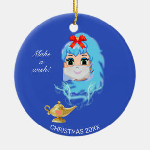 Schattige Kerst Genie & Magische Lamp op Blauw Keramisch Ornament
