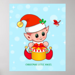 Schattige Kerst kleine elf & rode vogel Poster