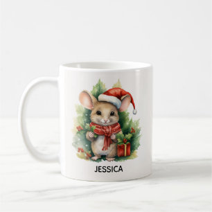 Schattige Kerst Muis Rood Santa Hoed Naam Koffiemok