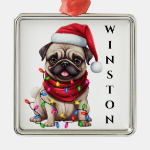SCHATTIGE KERST PUG DOG MET LICHTEN METALEN ORNAMENT
