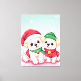 Schattige Kerst Puppies in Feestelijke Petten Kuns Canvas Afdruk