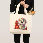 Schattige kerst puppy grote Canvas tas (Voorkant (product))