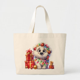 Schattige kerst puppy grote Canvas tas