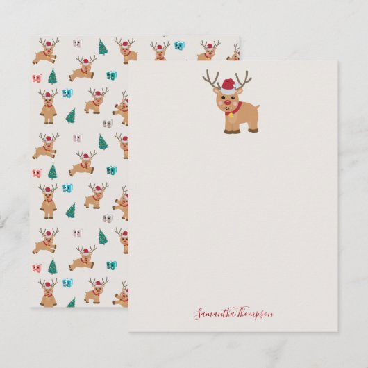 Schattige Kerst Rendier Aangepaste Naam Notitiekaartje (Voorkant / Achterkant)