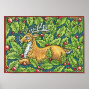 Schattige Kerst Rendieren in Bos met Hulst Poster