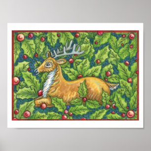 Schattige Kerst Rendieren in Bos met Hulst Poster