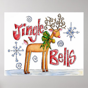 Schattige Kerst Rendieren, Jingle Bells Sneeuwvlok Poster