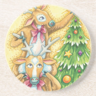 Schattige Kerst Rendieren Met Kerstboom Ster Zandsteen Onderzetter