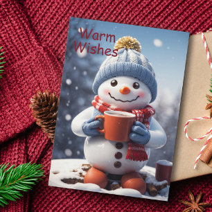 Schattige kerst sneeuwman genieten van warme choco feestdagenkaart