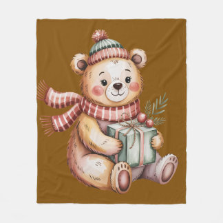 Schattige Kerst Teddybeer met Geschenk Watercolor Fleece Deken