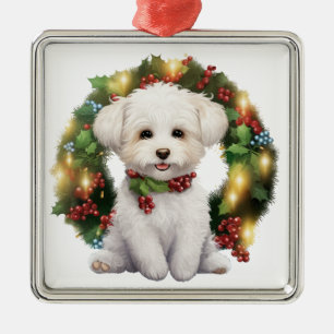 SCHATTIGE KERSTBICHON FRISE HONDENKRANS METALEN ORNAMENT