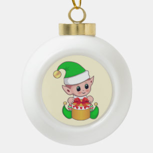 Schattige Kerstelf & cadeaudoos op ivoor Keramische Bal Ornament