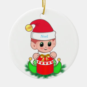 Schattige Kerstelf & Cadeausdoos Keramisch Ornament