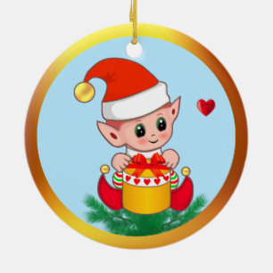 Schattige Kerstelf & Harten op Hemelblauw Keramisch Ornament