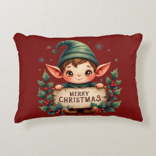 Schattige Kerstelf met vrolijk bord rood Accent Kussen