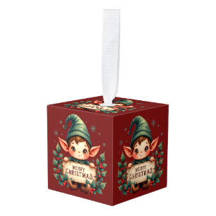 Schattige Kerstelf met vrolijk bord rood Kubus Ornament