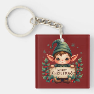Schattige Kerstelf met vrolijk bord Rood Sleutelhanger