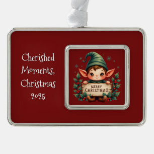 Schattige Kerstelf met vrolijk bord Rood Verzilverd Kader Ornament