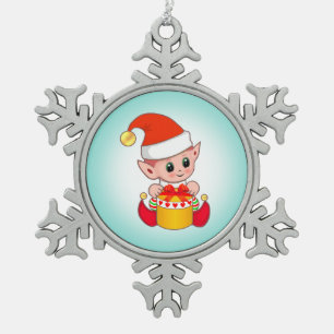Schattige Kerstelf op Tealblauw Tin Sneeuwvlok Ornament