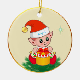 Schattige Kerstelf & ster op ivoor Keramisch Ornament