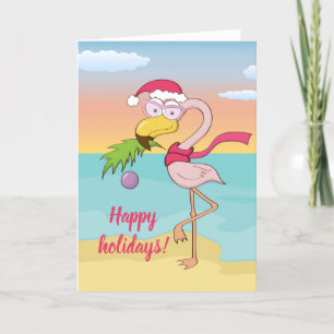 Schattige Kerstflamingo op het strand Aangepaste t Feestdagen Kaart
