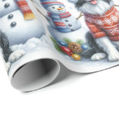 Schattige Kerstgrenscollie-hond en Sneeuwman Cadeaupapier (Rol Hoek)