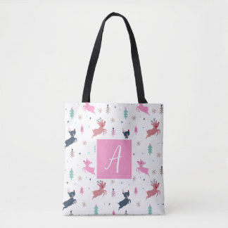 Schattige Kerstherten en Bomen Monogram Wit Draagtas