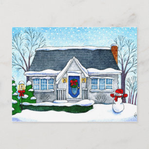 Schattige kersthuis, sneeuwman, winter briefkaart